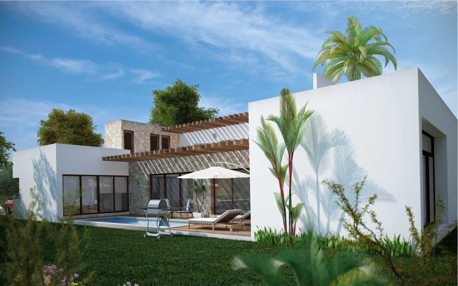 Modèle Nassau de Villas Caribe à Tulum Country Club, une maison blanche de plain pied avec mur en parement de pierre, pergola en bois et piscine côté jardin