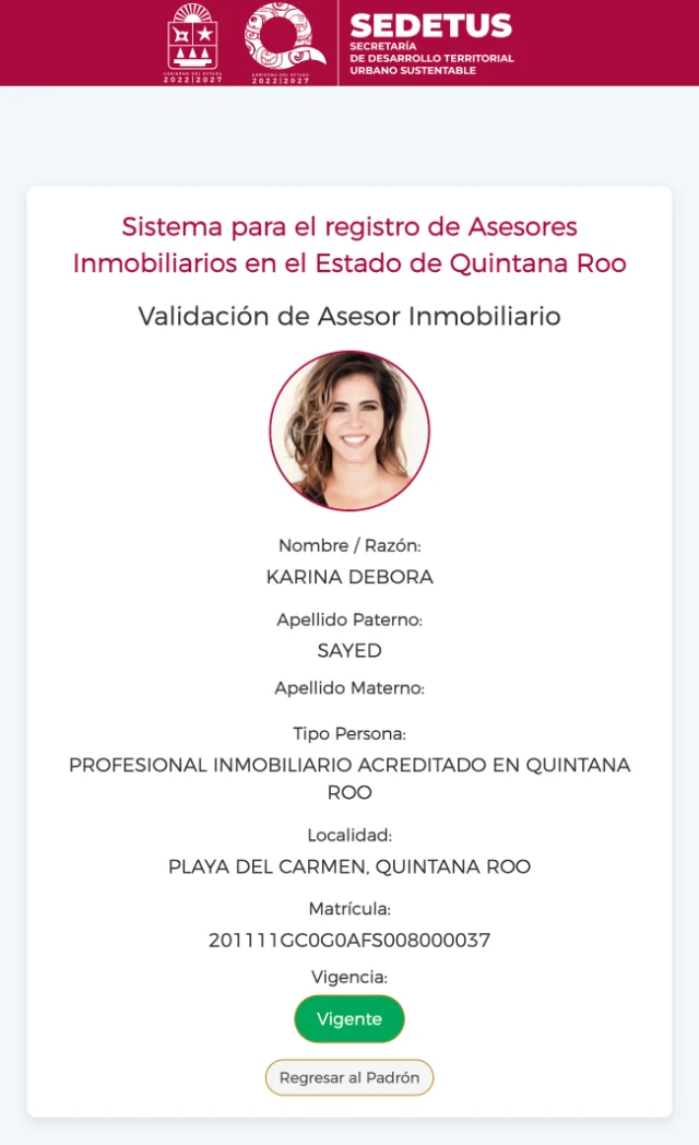 Página de validación de SEDETUS de Karina Débora Sayed, 201111GC0G0AFS008000037