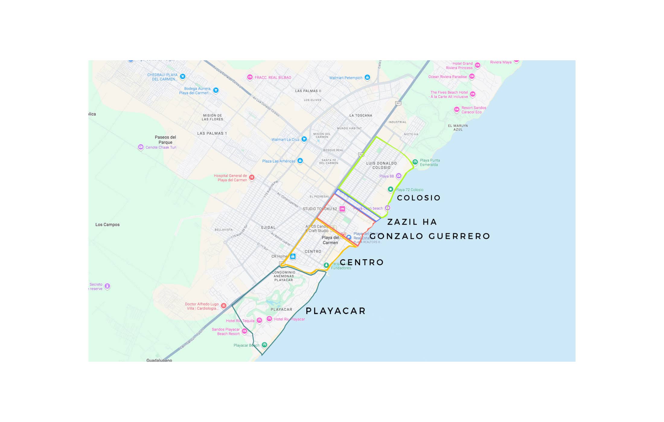 Map of Playa del Carmen neighborhoods and real estate zones