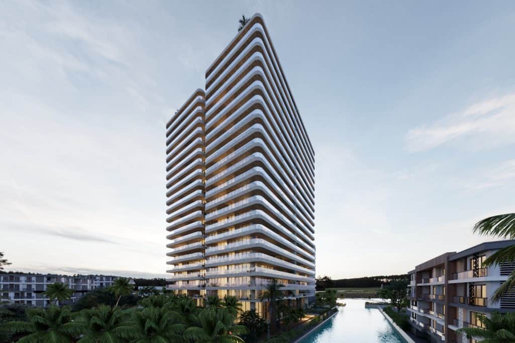 Contemporary architecture of Thompson Private Residences tower in Puerto Cancun.