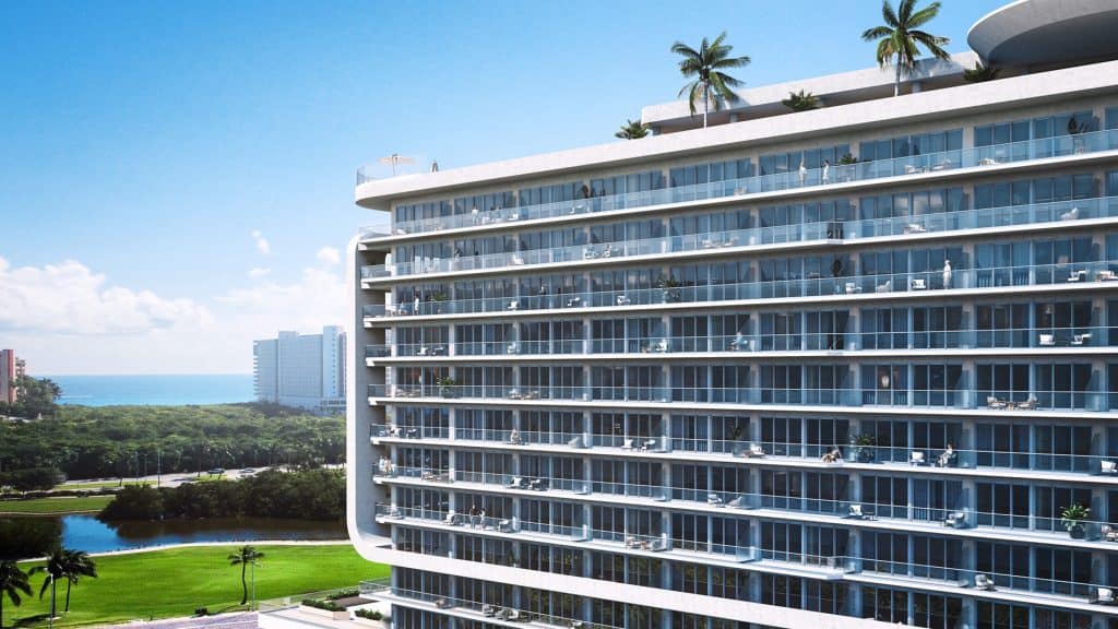 Panoramic view of Bay Grand View Cancun building showcasing its prime waterfront location and luxury architectural design.