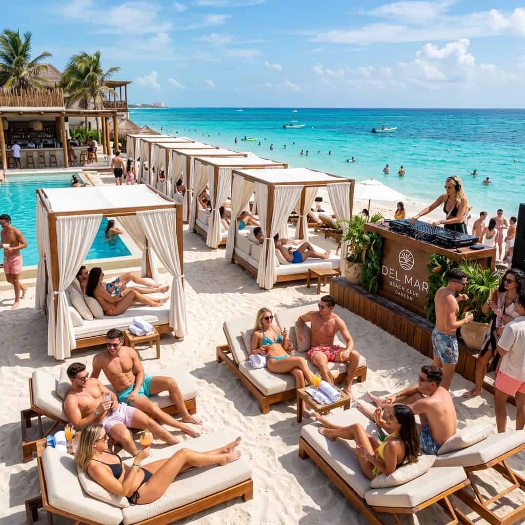Caribbean party atmosphere at a trendy beach club in Cancun