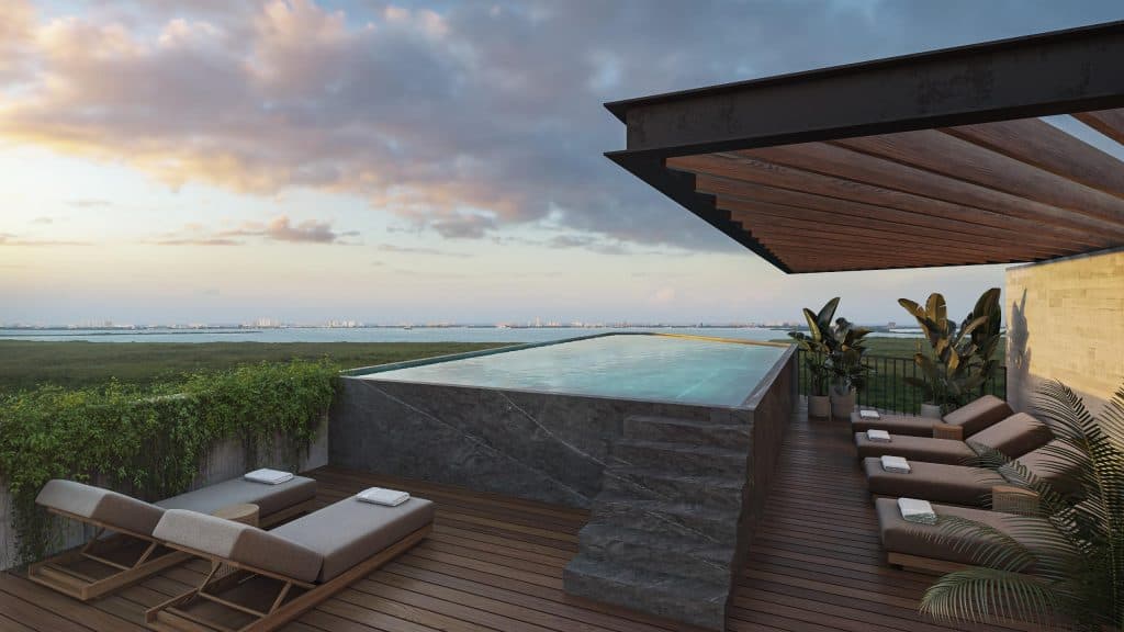 Modern real estate office with a view of Cancun skyline