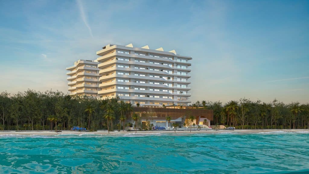 Luxury preconstruction condo architecture featuring modern design in Cancun.