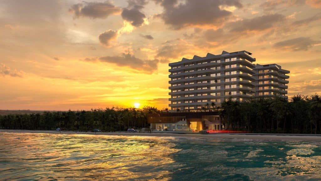 Contemporary preconstruction real estate development blending nature and urban design in Cancun.